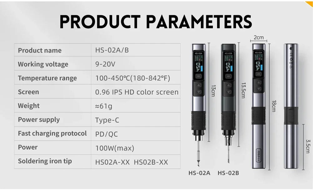 FNIRSI HS-02 Smart Electric Soldering Iron 100-450℃ Temp Adjustable PD 100W Portable Welding Rework Station Solding Irons Kit