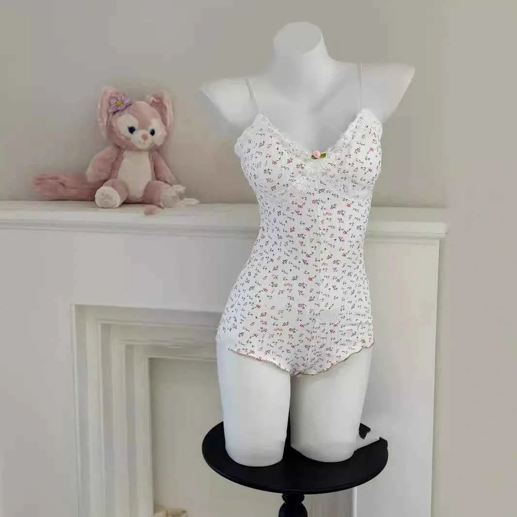 Women Sexy  Floral Print Bodysuit Lace Trim Sleeveless Slim Fit Leotard Summer Jumpsuit Romper Sexy Underwear Nightwear Lingerie