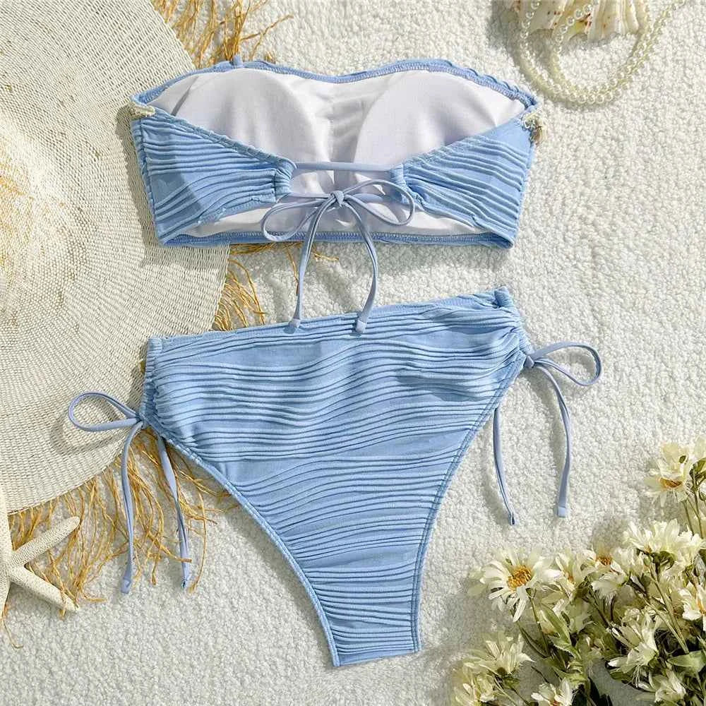 Shell Starfish Edge Bandeau Bikinis Sets Yellow Texture Solid Swimwears Sexy Swimsuit Women 2026 Lace-up Bathing Suit Bikini