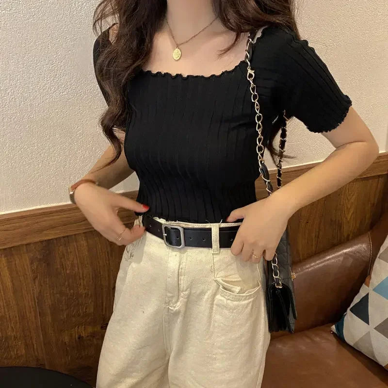 Off The Shoulder Top Women Knitted Sexy Short Sleeve Slim Fit T-Shirts Crop Top Y2k Top Summer Clothes Korean Casual Tees Female
