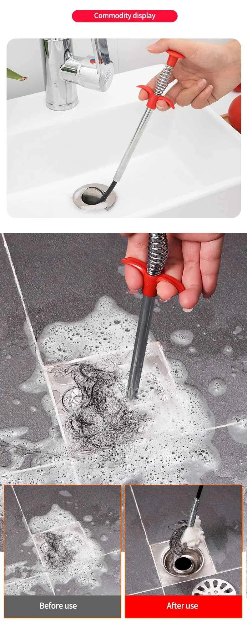 60cm Flexible Drain Snake Spring Pipe Cleaner Tool for Kitchen/Bathroom Sink Clogs (Heavy-Duty Hair & Debris Remover)