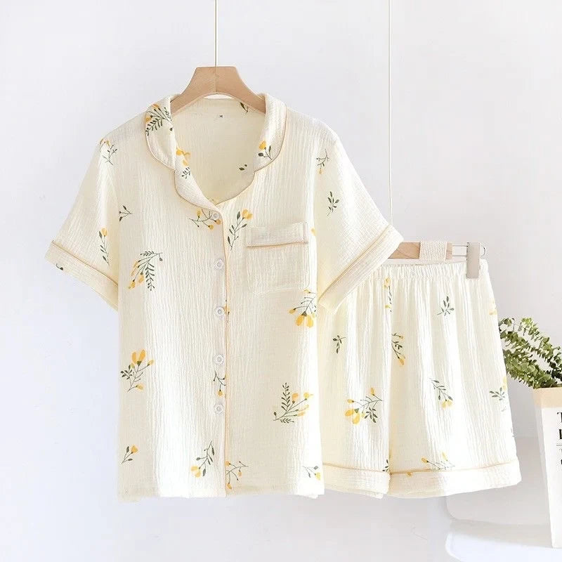 2024 New Summer Autumn Women Pajamas 100% Cotton Gauze Cherry Print Sleepwear Female 2 Piece Set Nightwear Pyjamas Loungewear