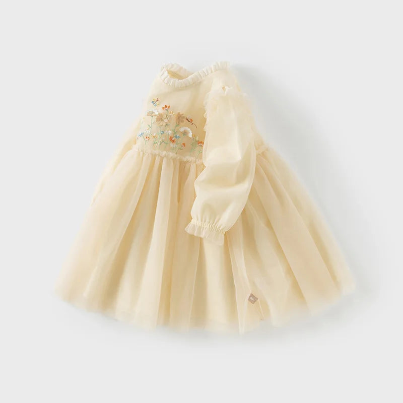 Dave Bella Princess Dress for Girls Baby Children 2025 Spring Long Sleeved Charm Mesh Embroidery Floral Gentle Cute DB1250434