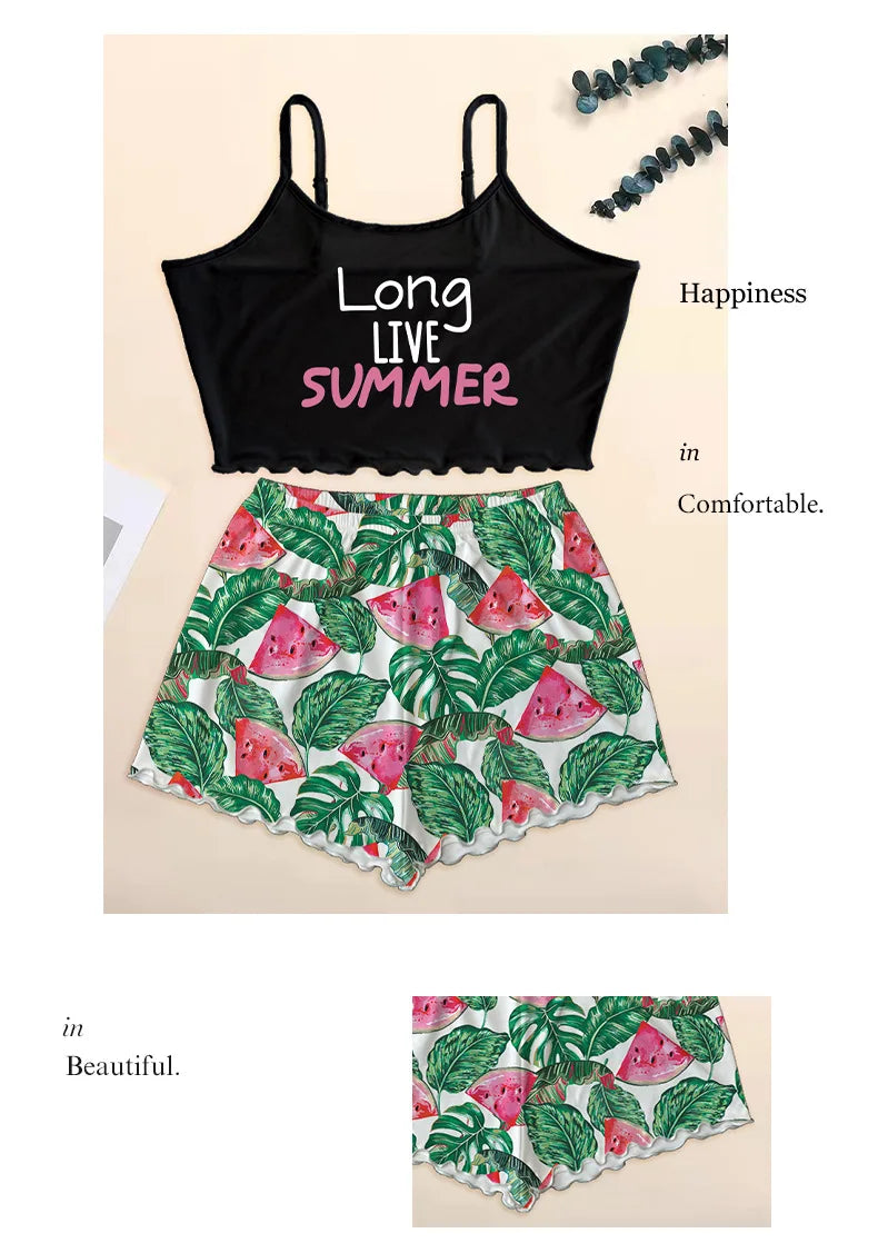 Summer Silk Satin Pyjama Pajamas for Women Sexy Sleepwear Sling Top Shorts Pajama Set Cartoon Pattern Printing 2-Piece Homewear