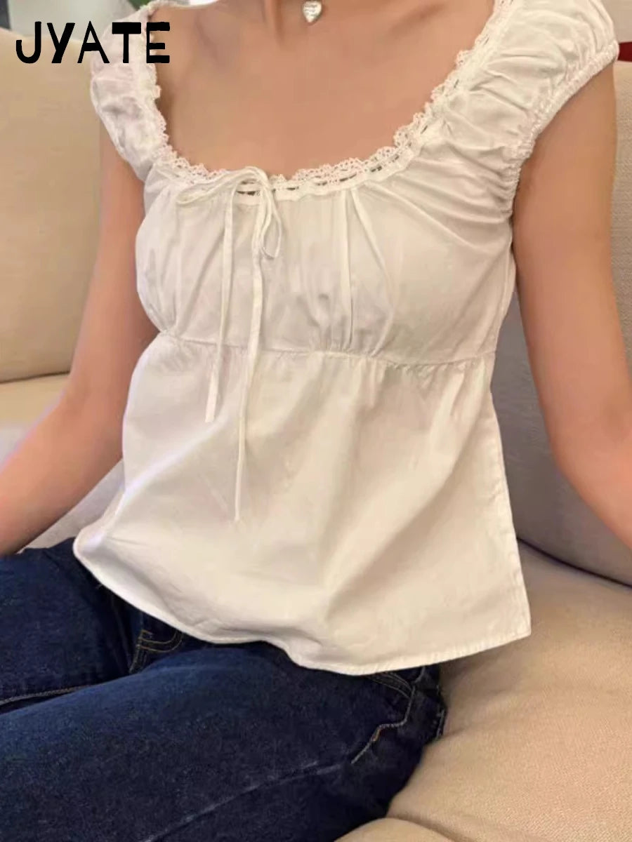 White Striped V-neck Buttons T-shirts Women New Casual Cotton Lace Trim Sexy Crop Tops Sweet Cute Preppy Style Blouse Tees Y2K