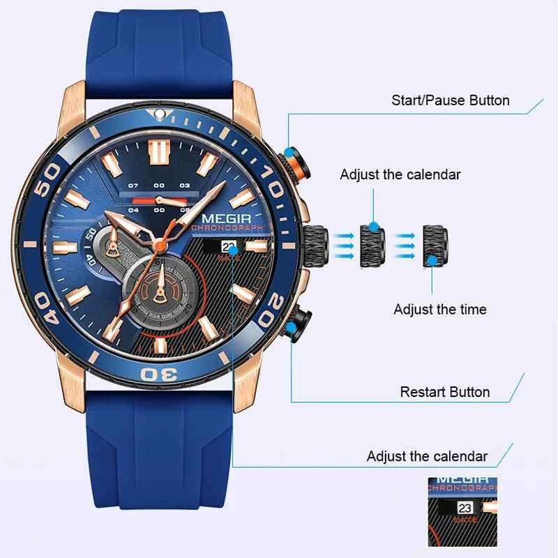 MEGIR Men Wristwatch Fashion Casual Quartz Date Watches Luxury Male Clock Chronograph Multifunctional 30M Waterproof Sport