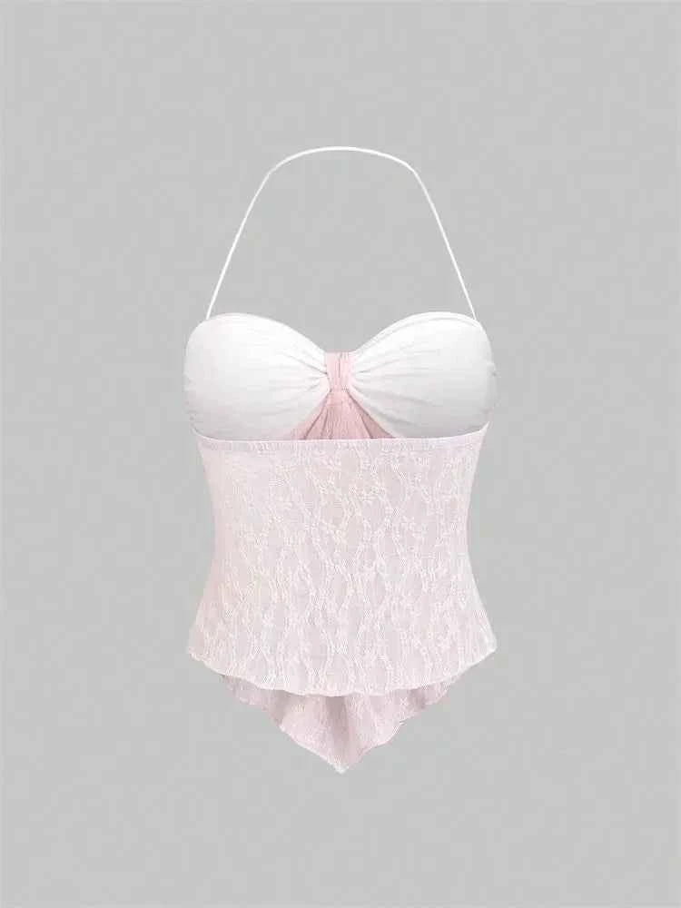 Bow knot Lace Halter Top for Women Summer Sexy Floral Pattern Off the Shoulder Backless V-neck Crop Top Y2K Clothes