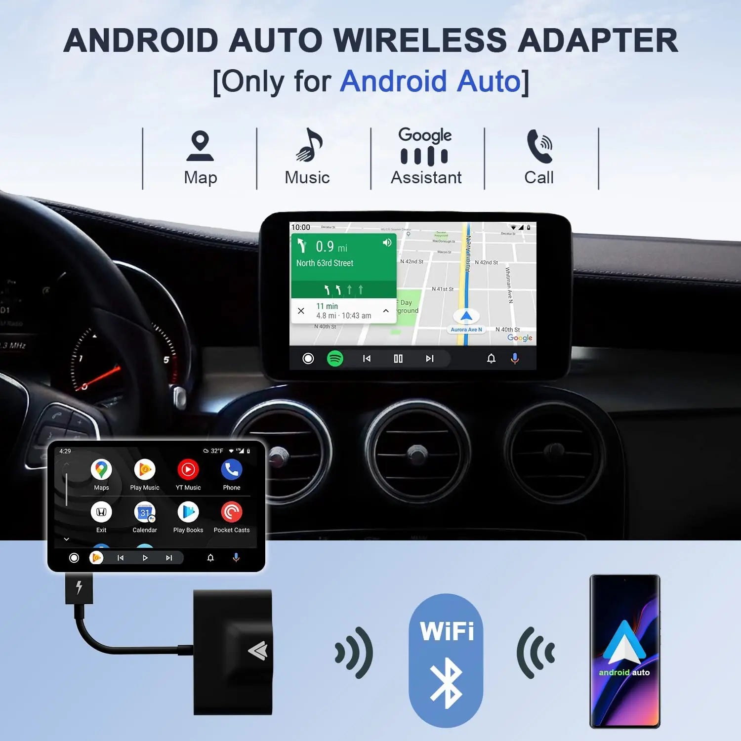 Wireless Android Auto Adapter for Wired Android Auto Car & Android Phones, Android Auto Dongle Convert Factory Wired to Wireless