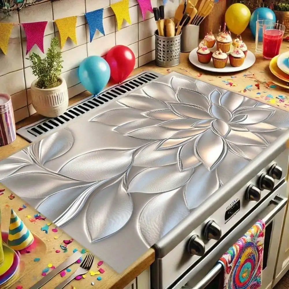 A Protective Mat for a Stove Cover, Featuring a 2D Golden Three-Dimensional Petal Pattern Design, Stylish, Heat-Resistant