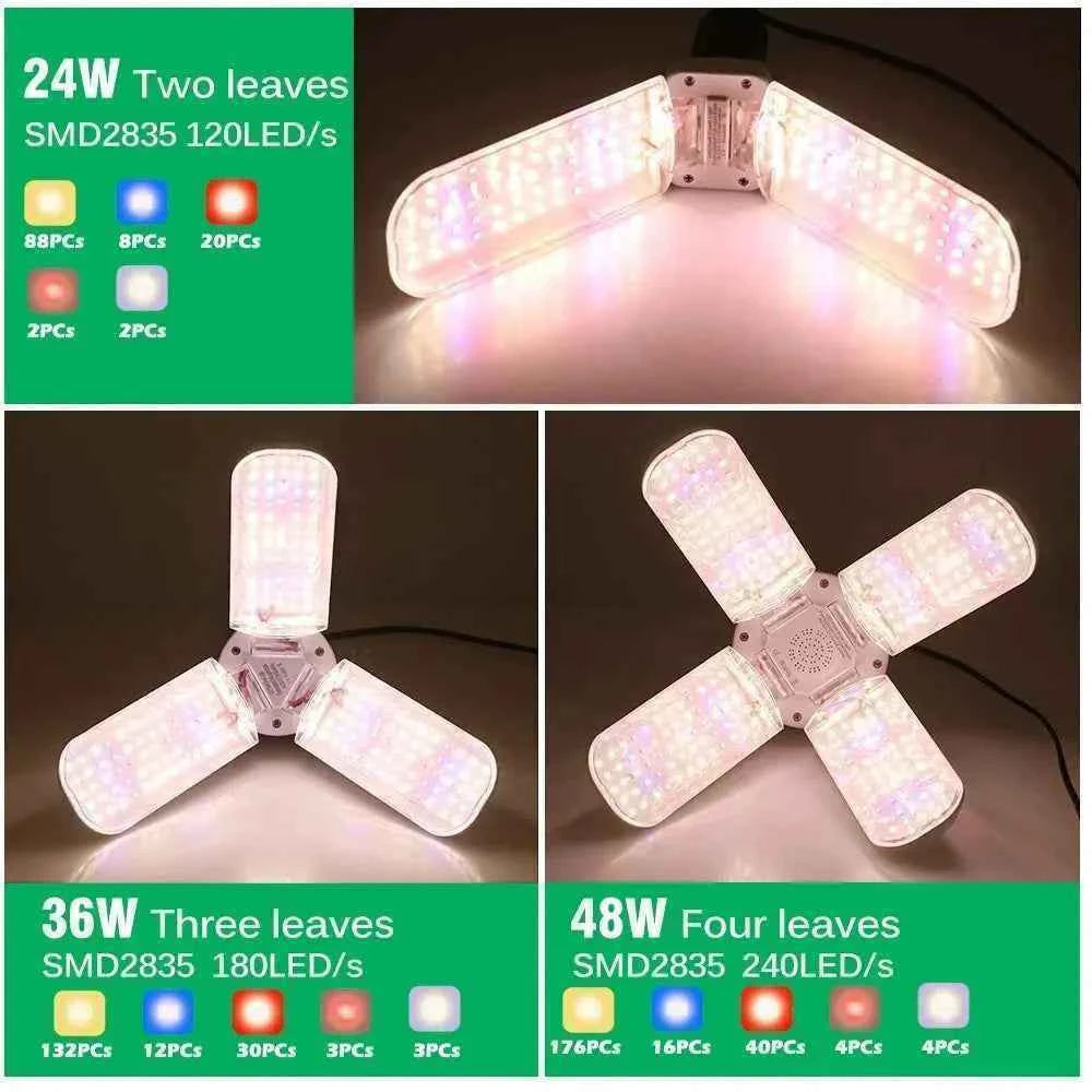 24/36/48W Fan Leaf Foldable LED Grow Light Full Spectrum E27 Plant Growing Light Phytolamp Bulb Indoor Plants Flower Seedling