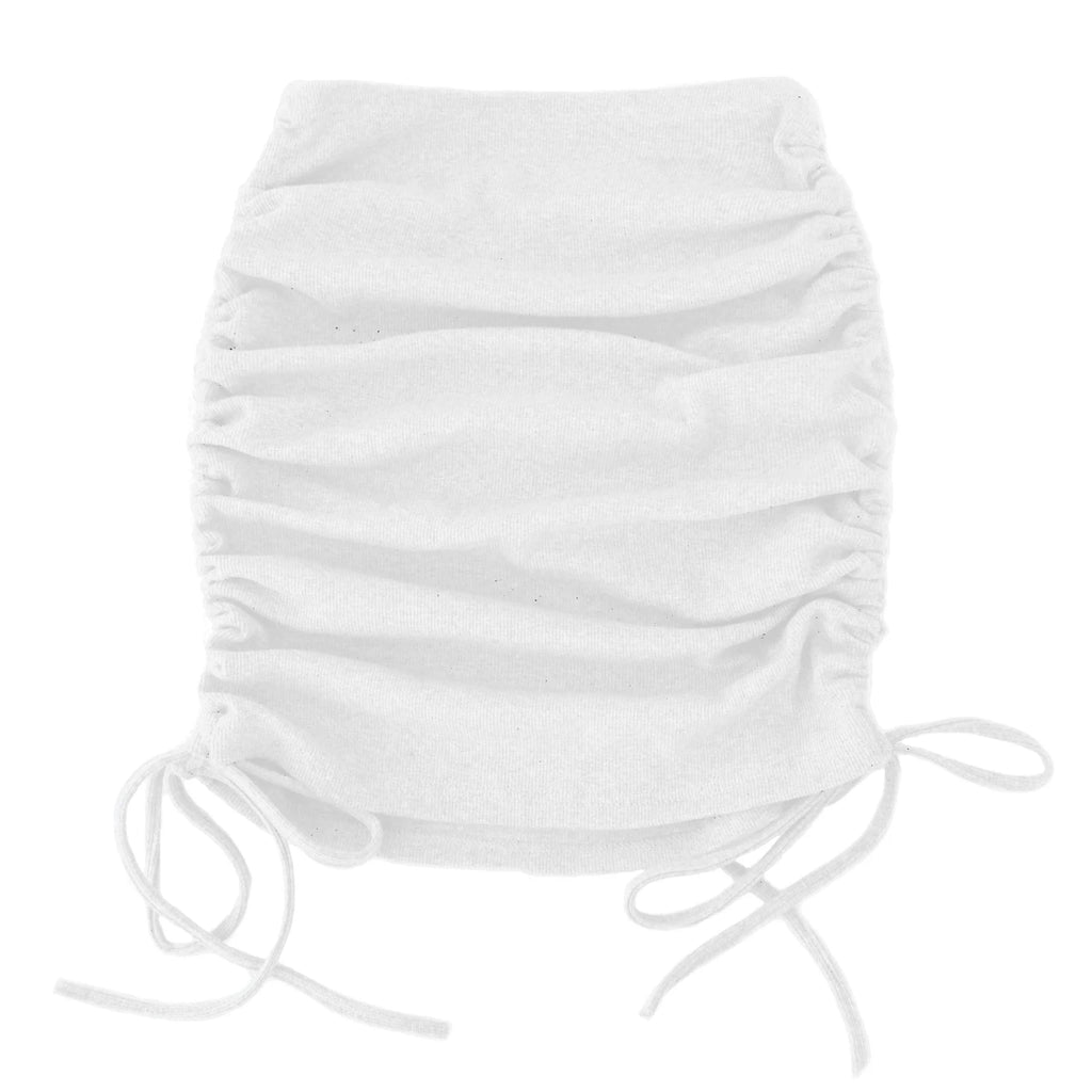 Woman Summer Mini Skirts Solid Color Cotton Folds Ladies Knitting Thread Side Draw String Elastic Sexy Skirts Womens WSL4321