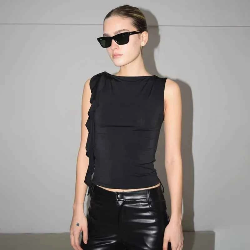 Summer Women'S Solid Color Vest Fluttering Tassel Sleeveless Slim Pullover Round Neck T-Shirt Casual Street Wear Y2K