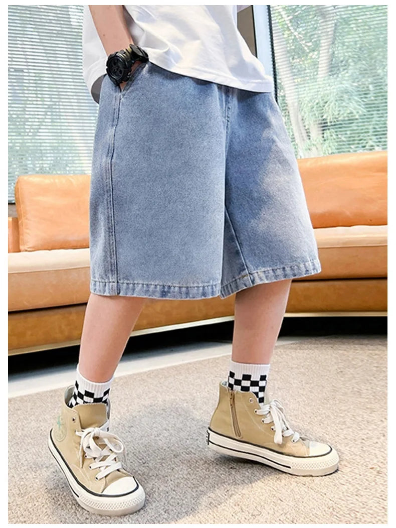 Teen Boys Denim Shorts 2026 New Summer Children Loose Wide Leg Knee Length Jean Pants Kid Casual Streetwear Elastic Waist Shorts