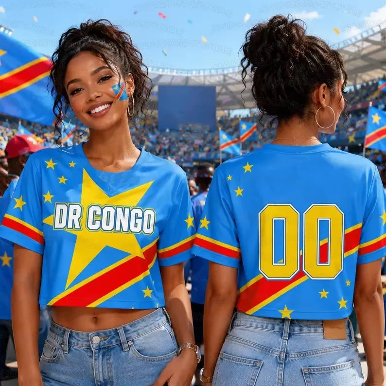 Summer 2026 New Women's  Dr Congo Print Football Jersey Round Neck Short Sleeve Jersey Cheerleaders Crop Top T-shirt