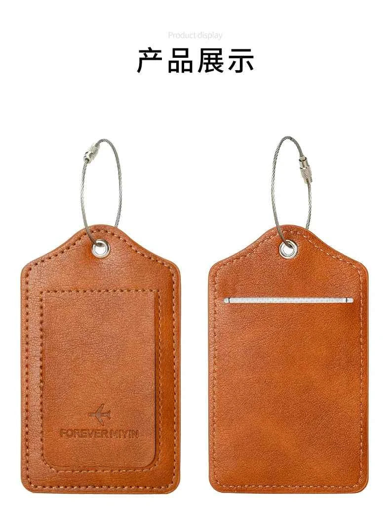 PU leather luggage tag with anti loss wire rope loop and built-in privacy protection cover, suitable for luggage and travel bags