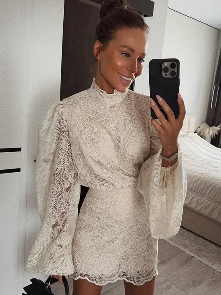 White Lace Dresses Elegant Solid Flared Sleeve High Neck Slim Pleat Mini Women Dress 2026 New Fashion Club Evening  Party Robes
