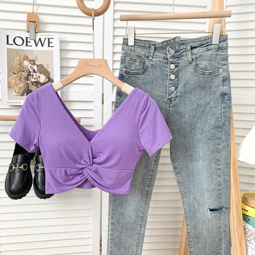 T Shirt  Woman Crop Tops Basic Short Sleeve Kawaii T Shirt Built In Bra Women Sexy Top Harajuku Korean Fashion