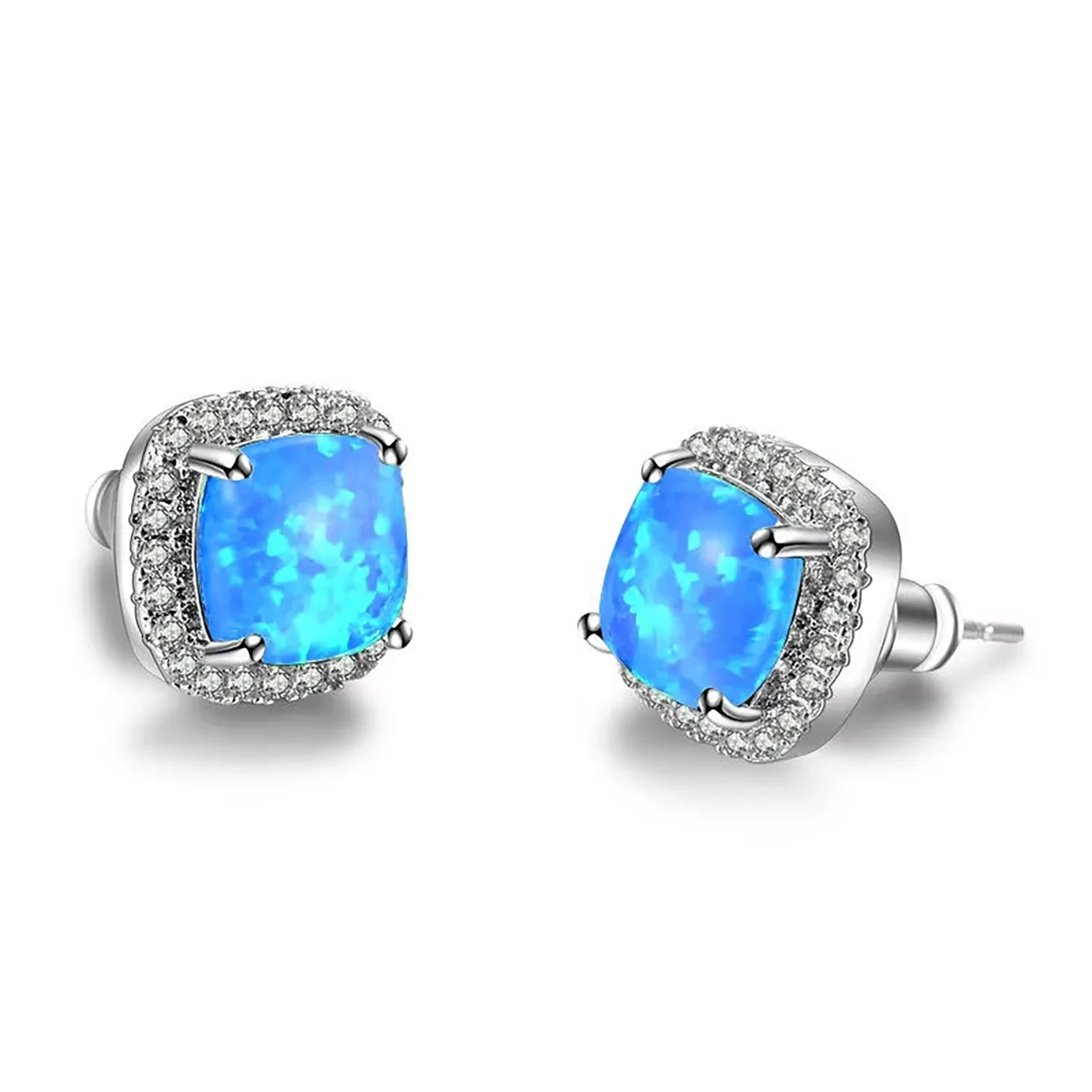 Multi-Color Available Opal Stone & Zirconia Earrings,Elegant Square Opal Studs,Silver Color Daily Luxury Jewelry,Gift for Women
