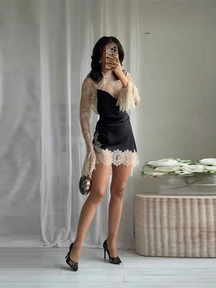 Elegant Lace Trim Satin Dress Women High Neck Color Block Full Sleeve Y2K Mini Dresses 2026 Spring Lady New Sexy Party Clubwear