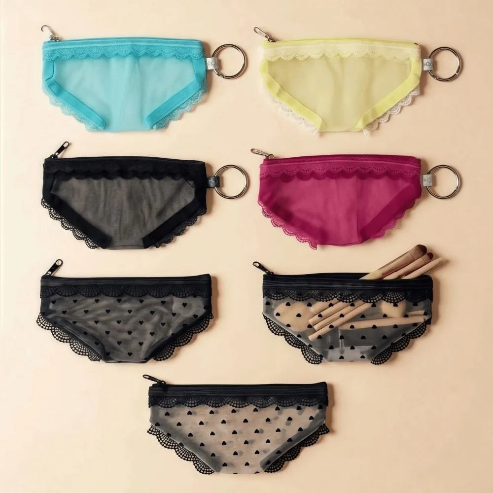 New Briefs Shape Cosmetic Bag Mesh Lace Heart Makeup Storage Pouch Y2K Transparent Toiletry Bag Storage for Travel