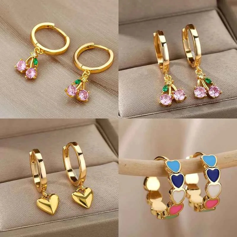 Crystal Fruit Cherry Drop Earrings For Women Stainless Steel Pink Cherry Earring Femme Fairy Fashion Boho Jewerly Gift 2023