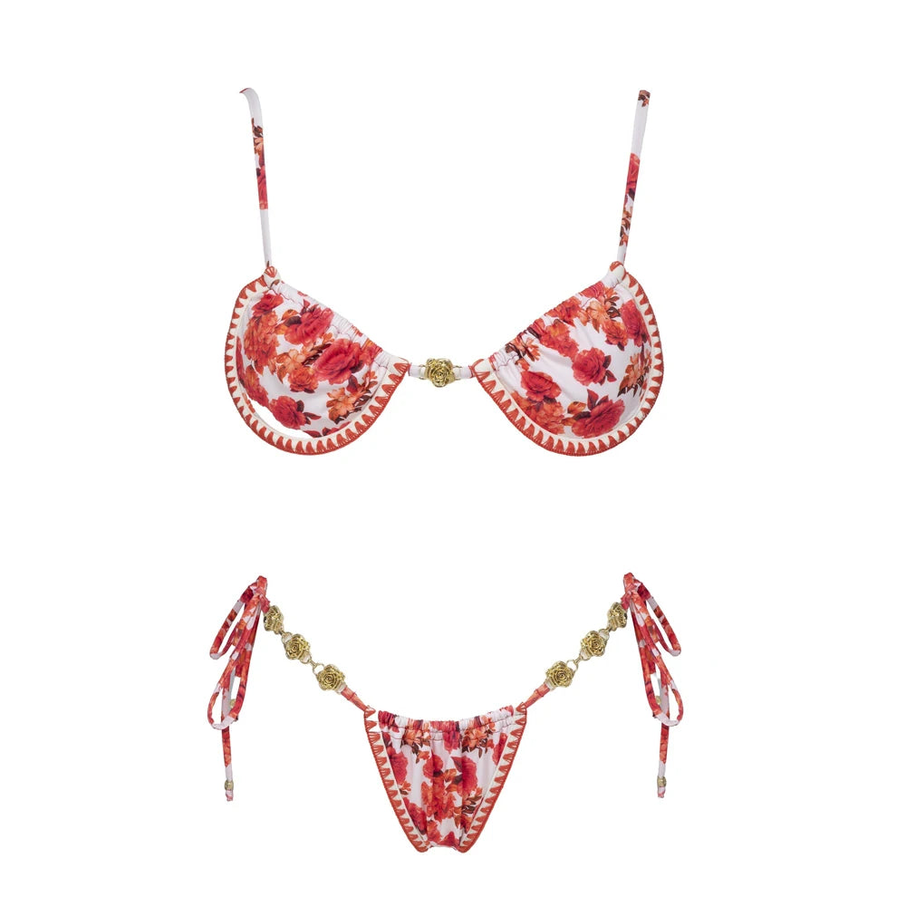 Print Bikini Swimsuit and Cover Up Bikini Set Women Sexy Lace Swimwear High Leg  Bathing Suit Beachwear Biquini