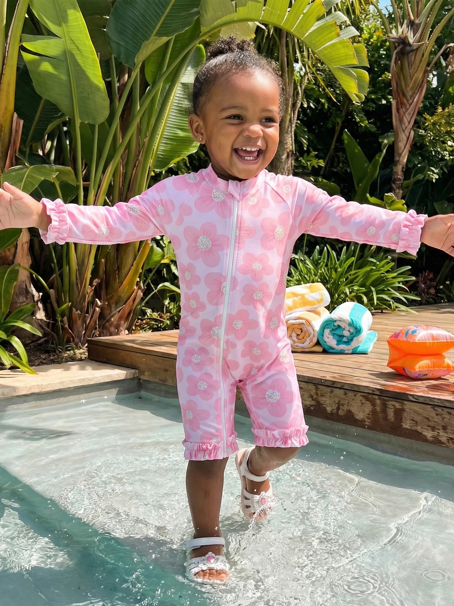 Toddler Baby Girl Summer Rash Guard Swimsuit Solid Color Print Long Sleeve Round Neck Romper Swimwear for Pool Beach