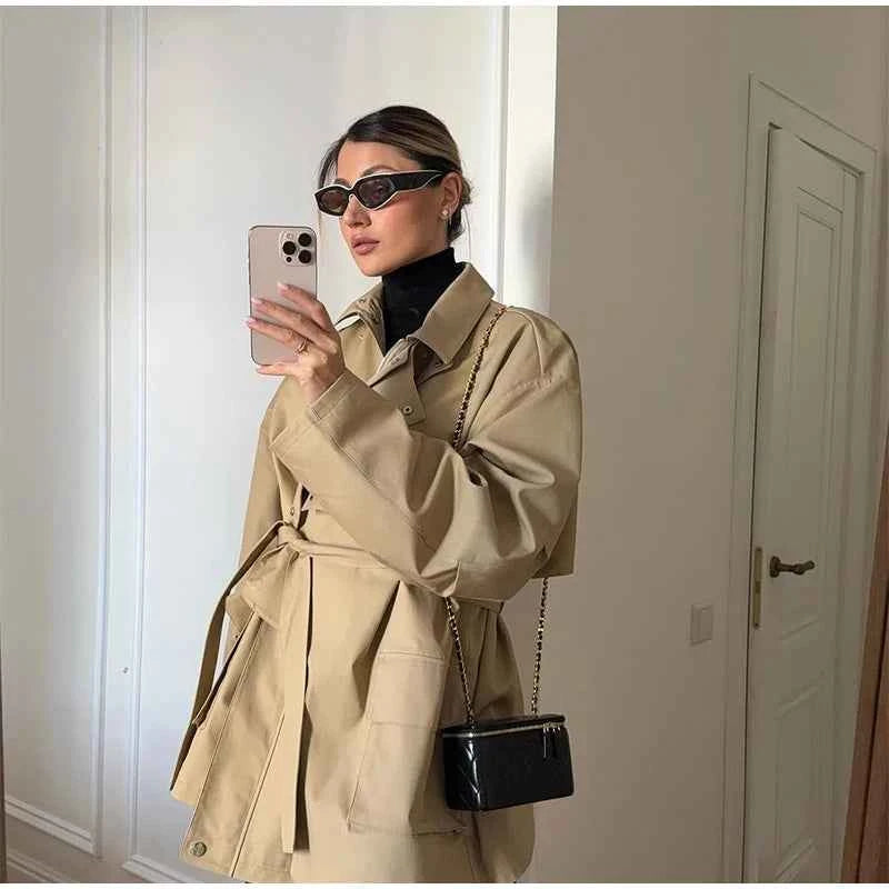 Cropped Lace-up Blue Casual Trench Coat Women Lapel Long Sleeve Wide Shoulder Windbreaker Jacket Fall Commute Daily Streetwear