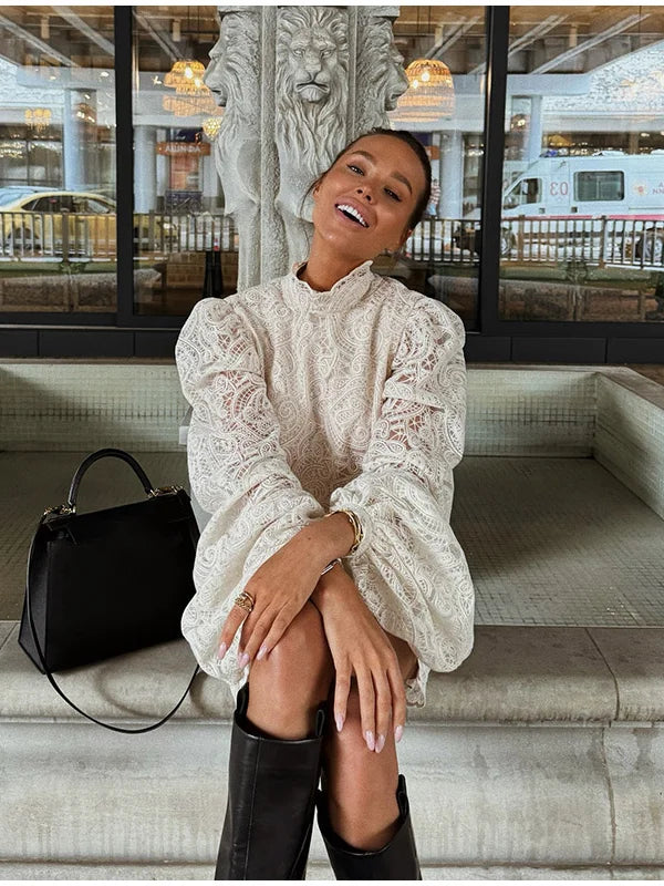 White Lace Dresses Elegant Solid Flared Sleeve High Neck Slim Pleat Mini Women Dress 2026 New Fashion Club Evening  Party Robes