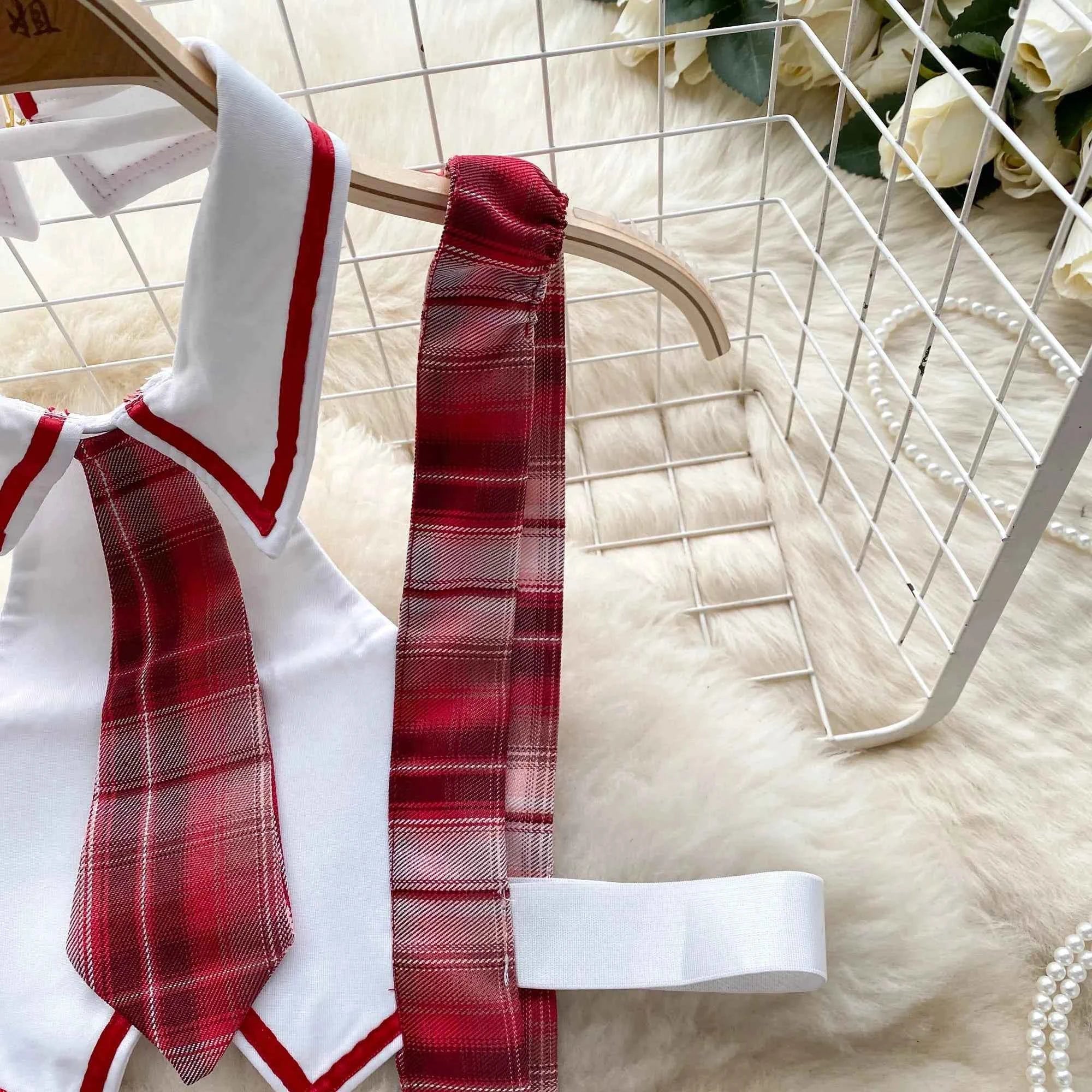 Girls Sexy Cute Japanese JK Uniform  Mini Checkered Strap Skirt Off Shoulder High Waist Elastic Cosplay Dress Hot Sweet Pajama