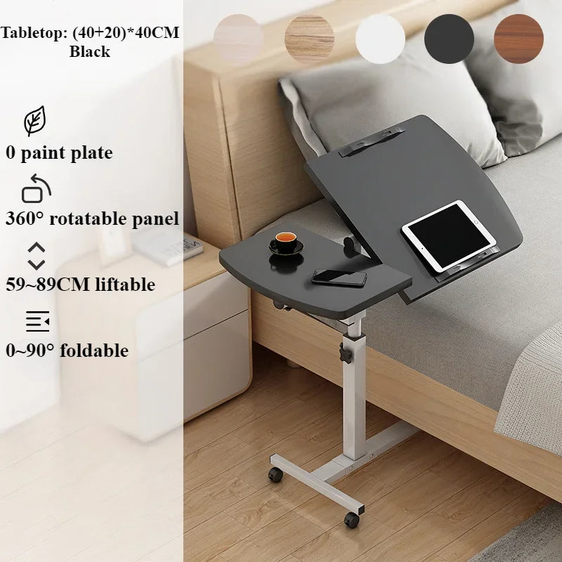 Bedside Desk, Portable Laptop Desk with Drawers, 360 ° Rotating Board, Double Anti Slip Strips, Adjustable Height, Foldable