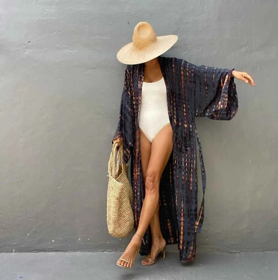 Long Kimono Swimsuit Cover up for Women Stylish Tie Dye Open Front Beach Outfits Bathing Suit