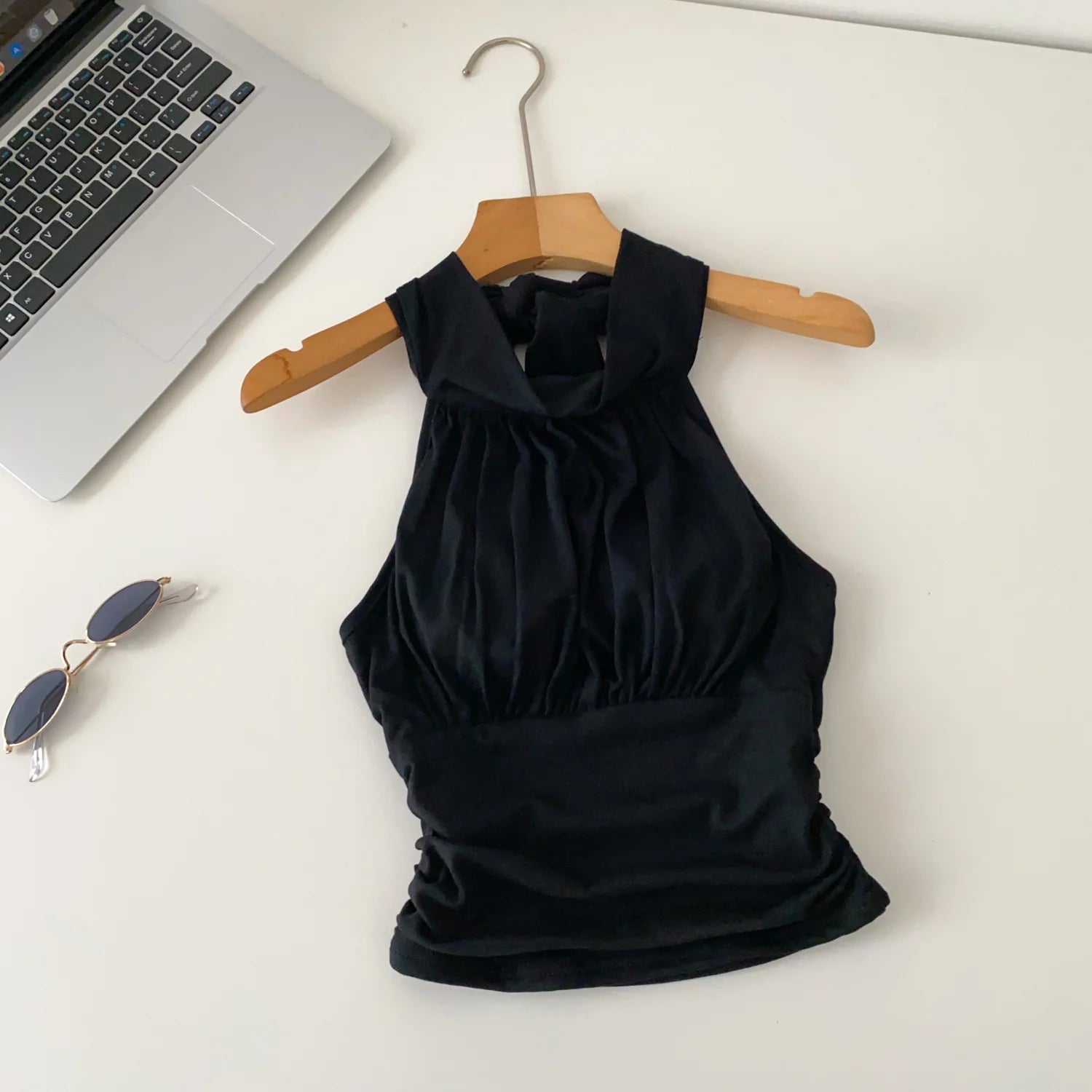 SINGREINY Office Lady Elastic Slim Tank Top Fashion Women Halter Sleeveless Lace Up Solid Short Camis Ruched Backless Sexy Top