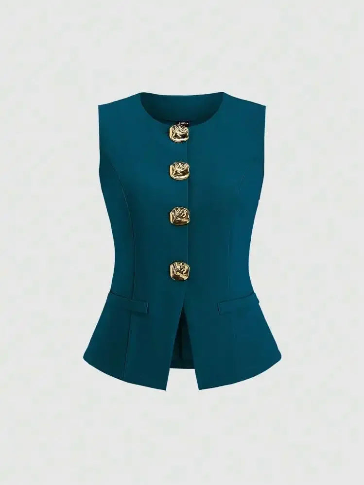 Fashionable Little Fragrance Style Women's Sleeveless round Neck Vest Waist-Cinching Pure Color Cross-Border Women's Jacket