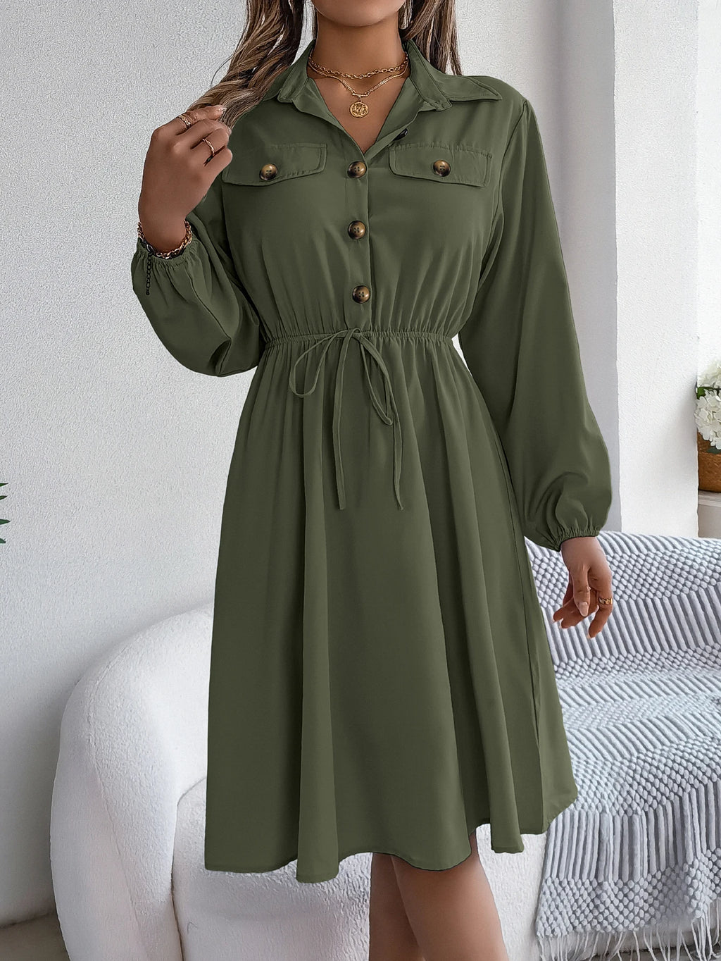 Autumn Winter Dresses for Women Casual Solid Color Button Tie Up Long sleeved Shirt Dress Blue  Green Black Red Woman Clothing