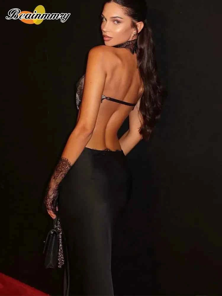 Black Lace Patchwork Satin Backless Dress Women Sexy Strapless Off-Shoulder Maxi Fishtail Dresses 2026 Lady Chic Party Vestido