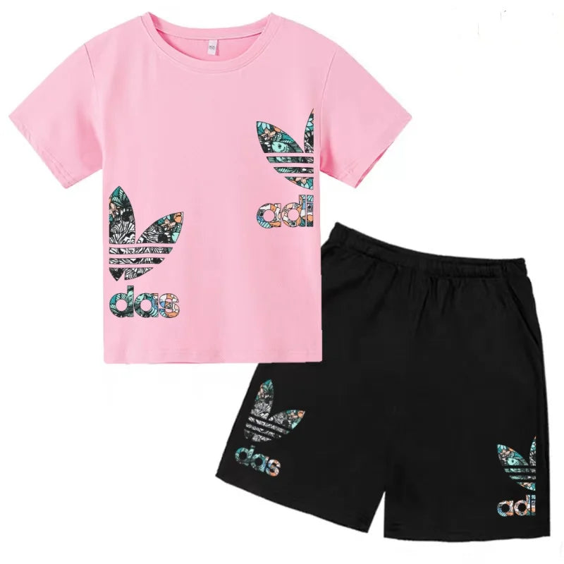 Kids T-shirt Set Colorful Letter Print Boys Girls 3-12Yrs Gift Short-sleeved+shorts 2P Round Neck Sports Casual Charming Clothes