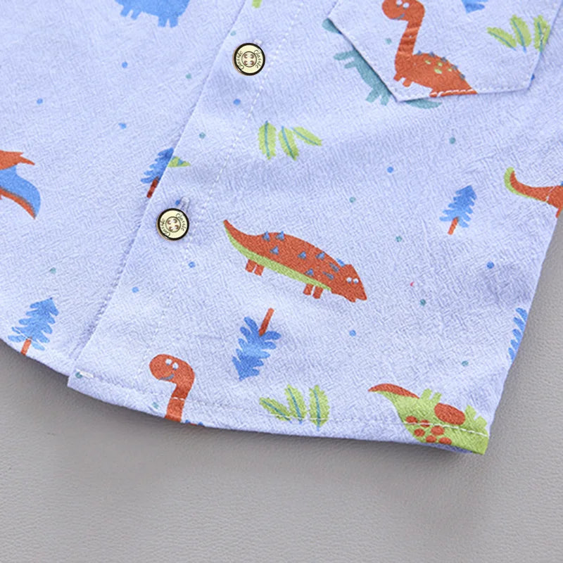2PCS Children's Summer Cartoon Little Dinosaur Print Outfit with Standing Collar Shirt And Matching Shorts Set