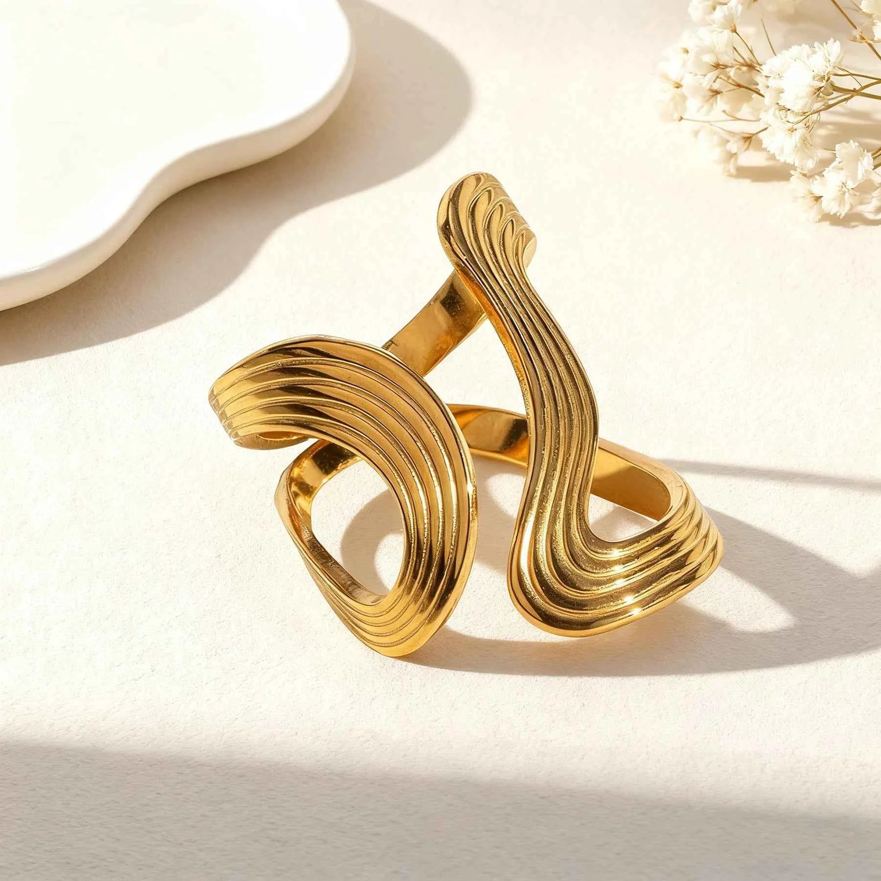 Stainless Steel Open Rings For Women Irregular Wave Hollow Design Finger Ring Stylish Creative Waterproof Jewelry Party Gifts