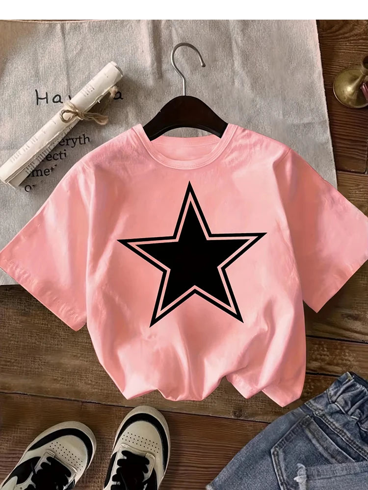 Kids Black Star Graphic T-Shirt, Soft Cotton, Minimalist Casual Wear for Boys & Girlstk0118