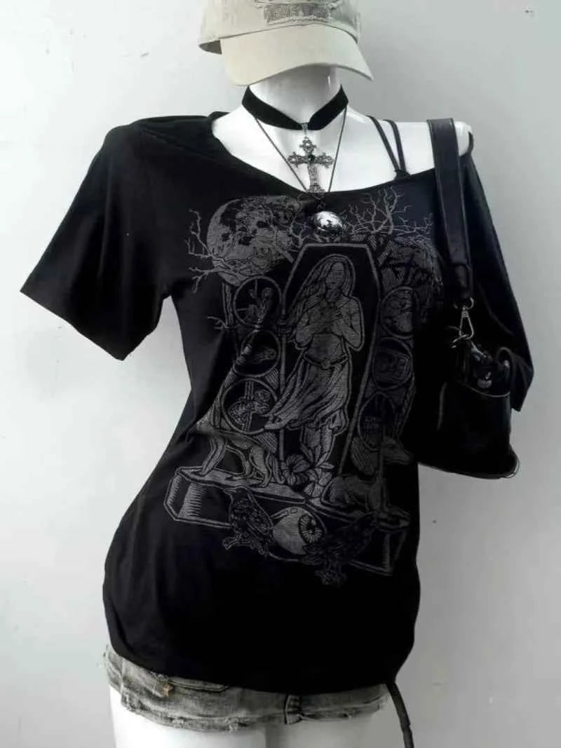 Vintage Gothic Prints Black T-Shirt Women Y2K Harajuku Fashion Punk Off-shoulder Sling Sexy Slim Summer Casual Trendy Top