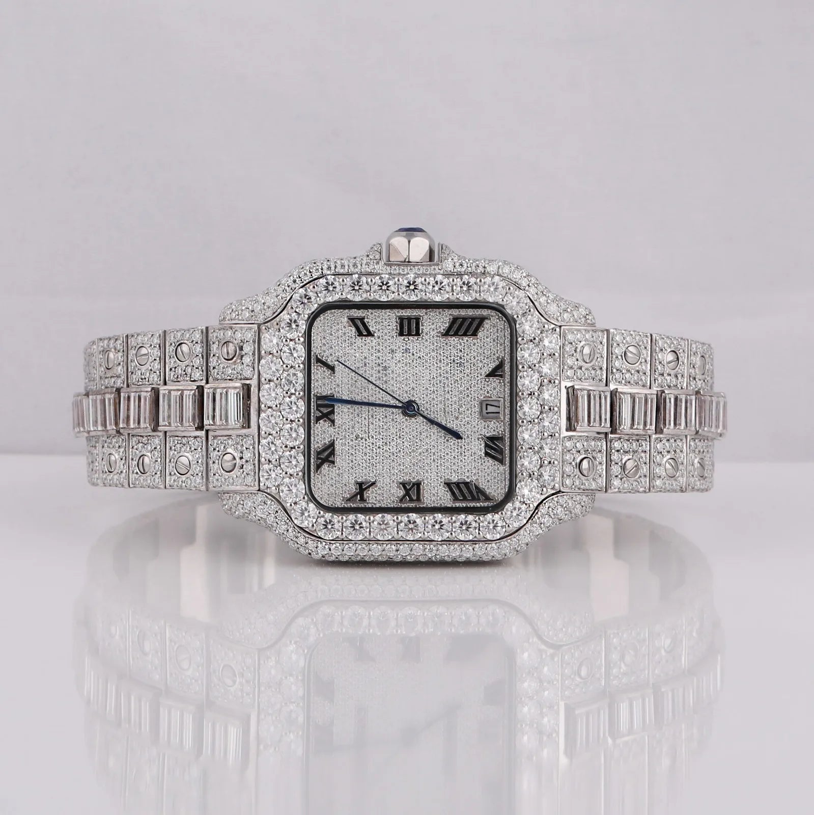 Moissanite White Gold Round Cut Diamond Watch Blue Rubber Band Dial Quartz Watch Available at Affordable Price
