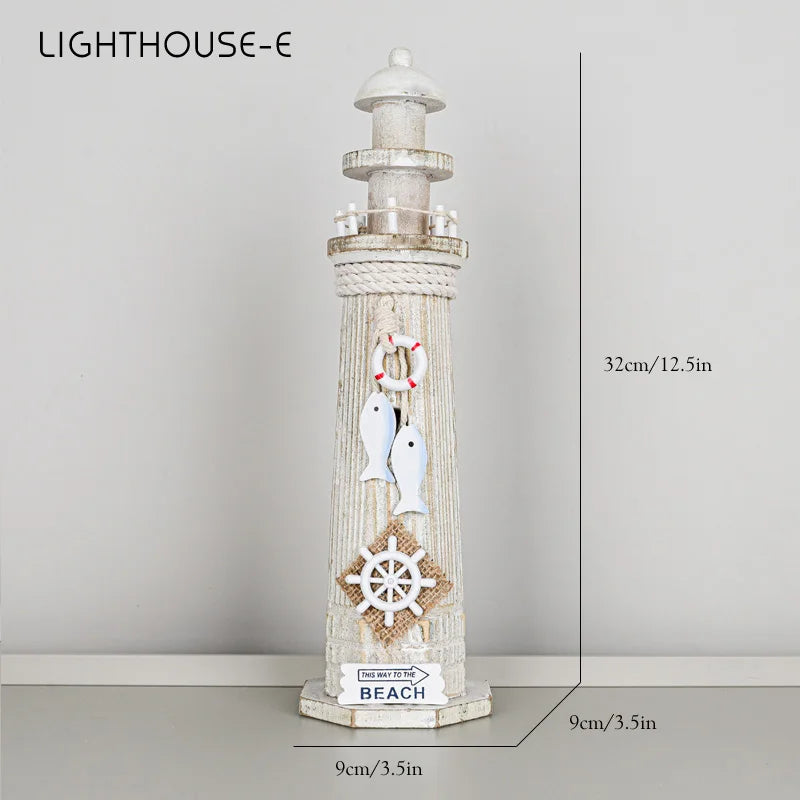 Mediterranean Style Home Decoration Figurines Desktop Ornaments Ocean Wooden Lighthouse Model Wood Ship Crafts Wall Decor Plaque