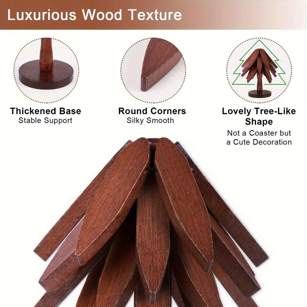 Tree Shape Wooden Trivet Set 4 Trivets + 1 Stand for Hot Dishes Natural Foldable Kitchen Trivet for Pot Bowl Teapot Hot Pot Hold