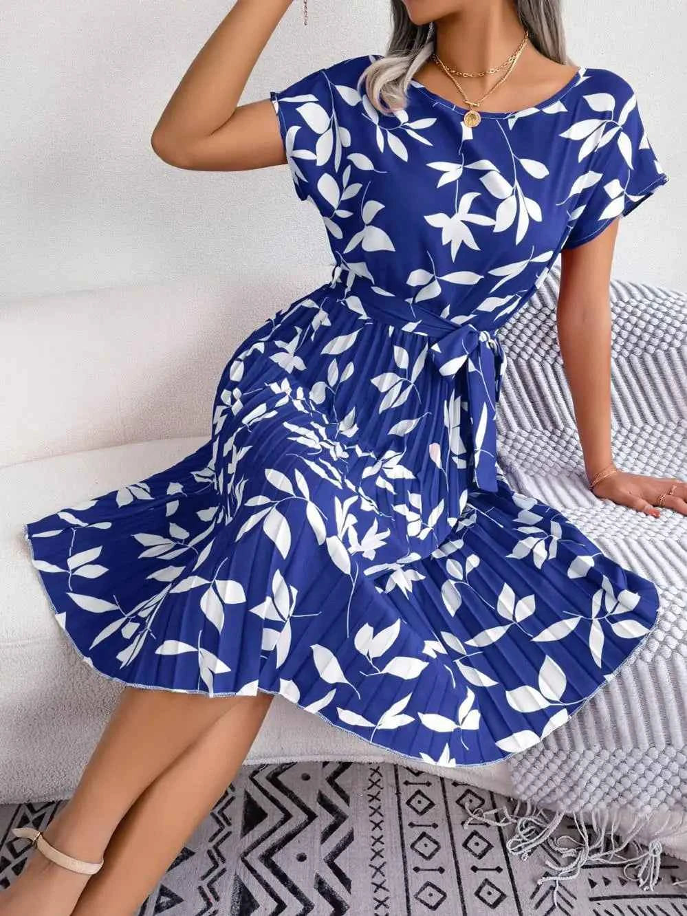 Ficusrong Fashion Floral Pleated A Line Long Dress Women Spring Summer Short Sleeve High Waist Chic Dress