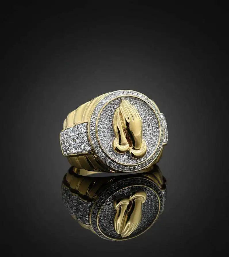 High on Demand Mens Iced Out Praying Ring 14K Gold 925 Silver VVS Moissanite Hip Hop Pinky Religious Statement Jewelry