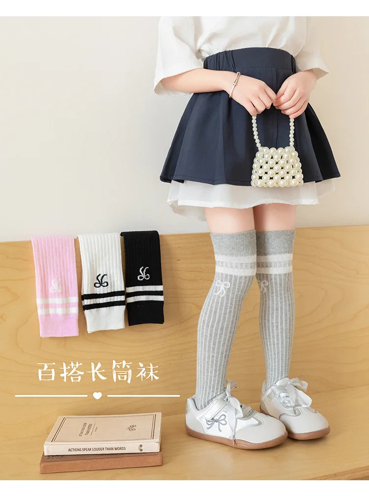 40CM Children's Long Socks Spring and Summer Girls' Bow Princess Skirt Paired with Knee High Sock Striped High Tube Cotton Socks