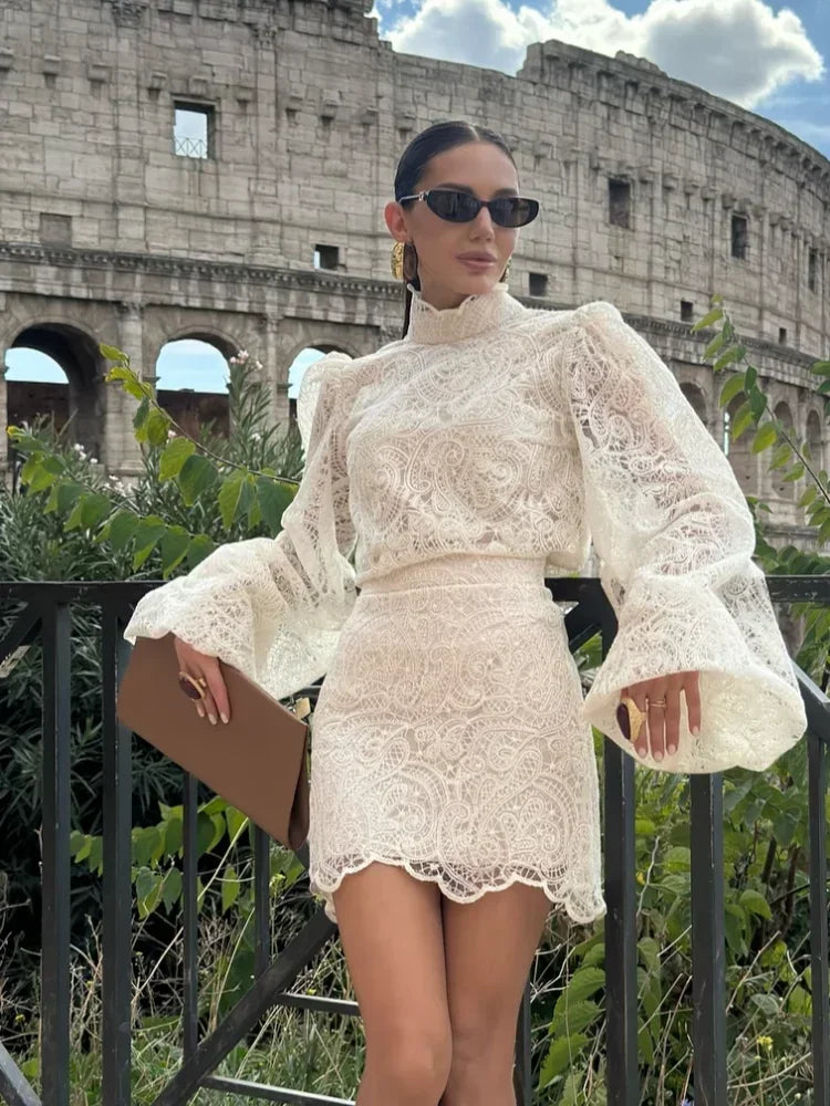 White Lace Dresses Elegant Solid Flared Sleeve High Neck Slim Pleat Mini Women Dress 2026 New Fashion Club Evening  Party Robes