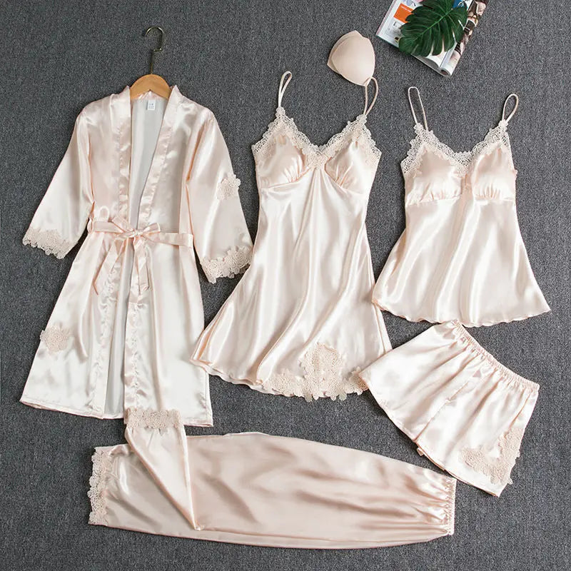 Customizable Sleepwear Female 5PCS Pajamas Set Satin Pyjamamas Lace Bridal Wedding Nightwear Rayon Home Wear Nighty&Robe Suits
