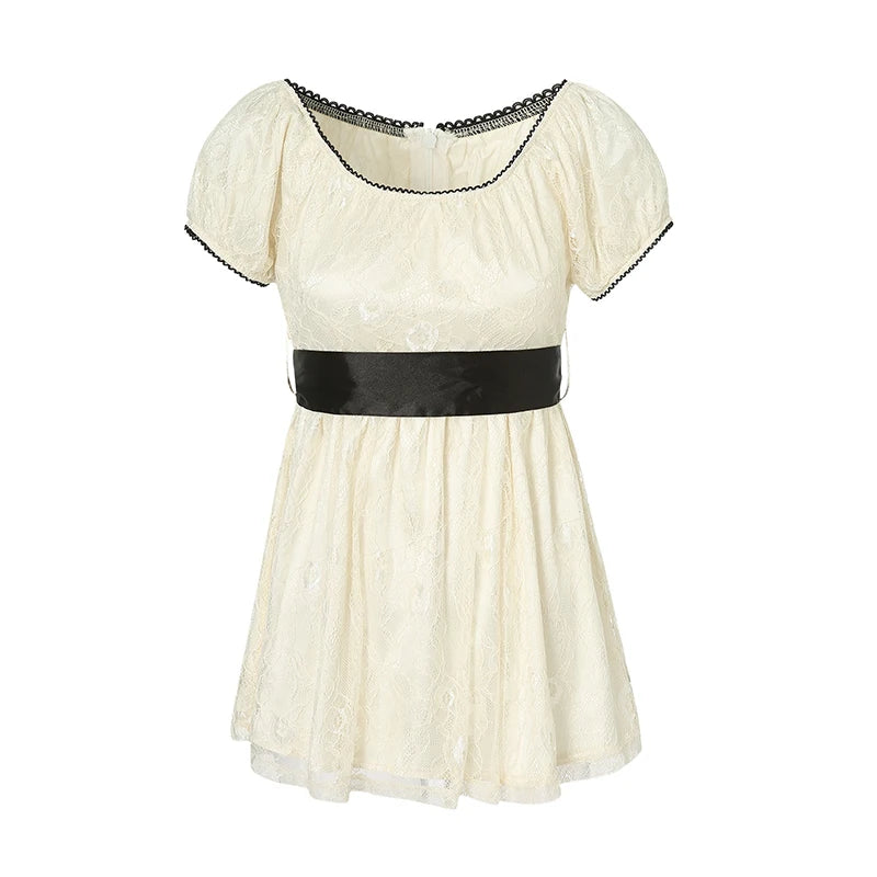 Xingqing 2024 Sweet Fairy Grunge Lace A Line Dresses Summer Women Patchwork Puff Sleeve Kawaii Dress 2000s Aesthetic Outfits